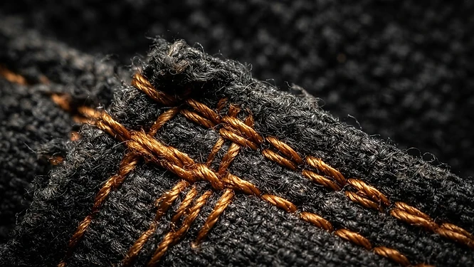 Detail makro jahitan kevlar pada bahan tahan api